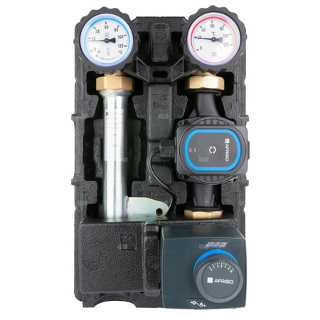 Grupa pompowa AFRISO PrimoTherm K 180-2 DN 25 AP 3-WM-SM GZ x GW 1 1/2'' x 1'', z zaworem mieszającym, z izolacją, z pompą obiegową AFRISO APH 361 25-7/180 mm, z siłownikiem arm 343 proclick