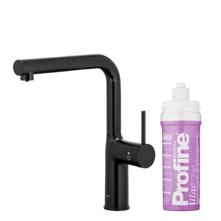 DUERO PURE MOVE PULL-OUT Bateria kuchenna z funkcją filtracji wody i wyciąganą wylewką, Czarna + Zestaw filtrujący PROFINE Lilac S
