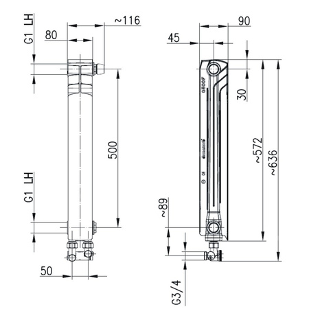 Grzejnik żeberkowy KFA Armatura G500F/D/1 aluminium, podłączenie dolne, prawe, kątowe 572 x 80 mm, kolor biały (RAL 9016)