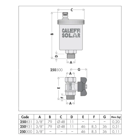 Odpowietrznik automatyczny CALEFFI do instalacji solarnych bez zaworu odcinającego GZ mosiądz chromowany fi 3/8''
