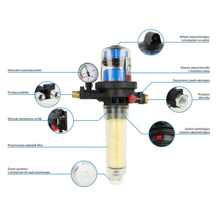 Filtr olejowy AFRISO FloCo-Top-2CM Optimum MC-18 zintegrowany z odpowietrznikiem fi 3/8'' x 3/8'' GW x GZ, z wkładem opticlean, maks. przepływ 100 l/h