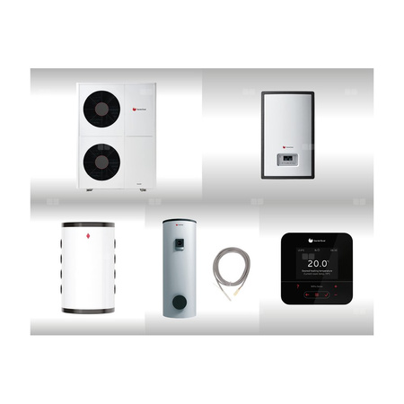 Pompa ciepła powietrzna powietrze-woda monoblok SAUNIER DUVAL GeniaAir HA 12-6 O 12.2 kW 400 V + Moduł naścienny HE 9-6 WB + Moduł komunikacji internetowej SR 940f + Zasobnik c.w.u. FEW 300 + Zasobnik buforowy WR RW 50 + Regulator SRC 720