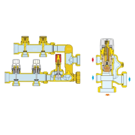 Zespół regulacyjny – regulacja stałotemperaturowa. Wstępnie zmontowany w skrzynce inspekcyjnej. 6 wyjść. Dodatkowy rozdzielacz obiegu pierwotnego z dwoma wyjściami.