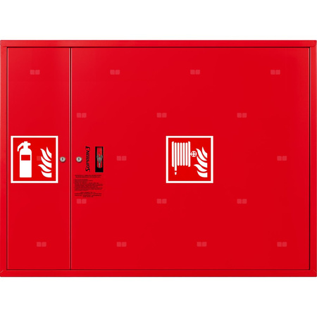 Hydrant DN 33 zawieszany z miejscem na gaśnicę obok zwijadła, wąż 30 m, ocynk fasada, zamek patent, RAL 3000