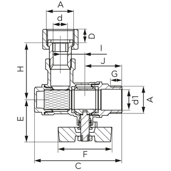 Zawór kulowy kątowy z filtrem, z półśrubunkiem, nakrętno-wkrętny, z motylkiem, 3/4"