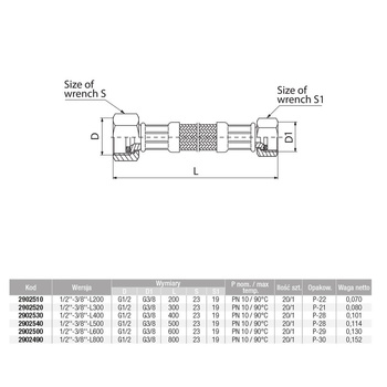 Wąż przyłączeniowy elastyczny VALVEX Viper Plus z oplotem (stal nierdzewna), GW x GW, 1/2'' x 3/8'', długość 600 mm
