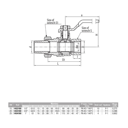 Zawór kulowy VALVEX Tryton mosiądz niklowany, PN40 3/4'' GZ x GW z półśrubunkiem, uchwyt: dźwignia