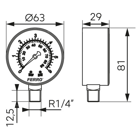 Manometr z rurką Bourdona FERRO 0/6 bar radialne 1/4'' fi 63 mm