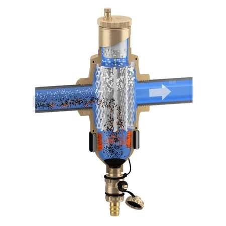 Separator CALEFFI DISCALDIRTMAG, 10 bar / 110'C, 1 1/4'', z wkładem magnesowym, kolor: mosiądz