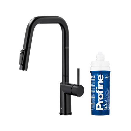 DUERO PURE STYLE PULL-OUT BATERIA KUCHENNA Z FUNKCJĄ FILTRACJI WODY I WYCIĄGANĄ WYLEWKĄ, CZARNA + ZESTAW FILTRUJĄCY PROFINE BLUE S