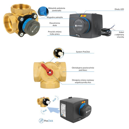 Zawór obrotowy trójdrogowy AFRISO ARV 387 Vario ProClick, mieszający, Siłownik elektryczny ARM 343, DN 50