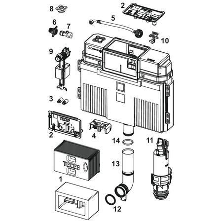 Spłuczka podtynkowaTECETECE, 513 x 499 x 141 mm, uruchamiana od góry, uruchamiana od przodu, z kolanem odpływowym 185mm
