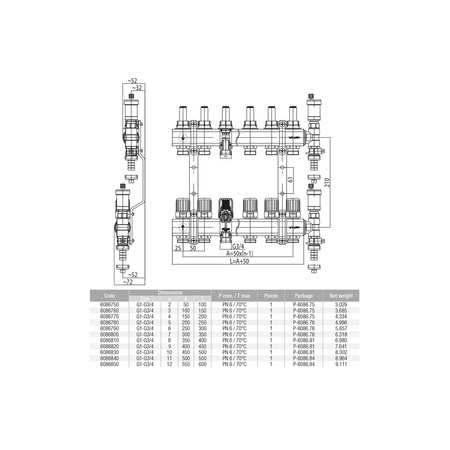 Rozdzielacz hydrauliczny VALVEX Proff K5-11 mosiądz, odgałęzień: 11 (1/2''), do CO + zawory termostatyczne + przepływomierze