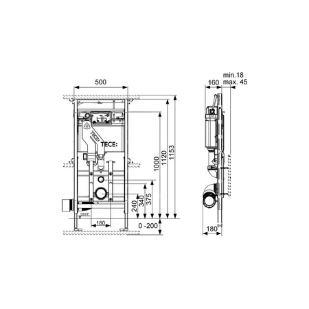 Stelaż podtynkowy do WC TECE lux, 1120 x 500 x 180 mm, regulowana wysokość, ze spłuczką