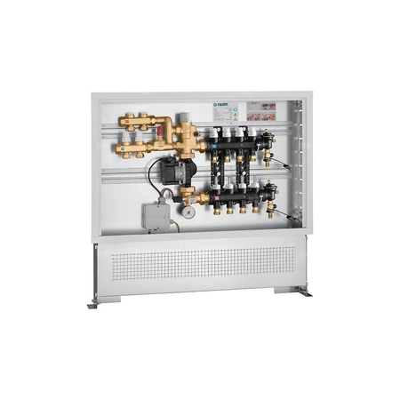 Zespół regulacyjny – regulacja stałotemperaturowa. Wstępnie zmontowany w skrzynce inspekcyjnej. 4 wyjścia. Dodatkowy rozdzielacz obiegu pierwotnego z dwoma wyjściami.