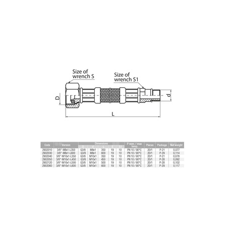 Wąż przyłączeniowy elastyczny VALVEX Viper Plus z oplotem (stal nierdzewna), GW x GZ, 1/2'' x M10, długość 350 mm, z uszczelką