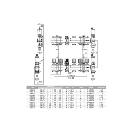 Rozdzielacz hydrauliczny VALVEX Proff K4-5 mosiądz, odgałęzień: 5 (3/4''), do CO + zawory termostatyczne
