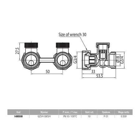 Moduł przyłączeniowy prosty VALVEX FUSION 3 mosiądz (niklowany) 3/4'' x 3/4'', rozstaw 50 mm do grzejników