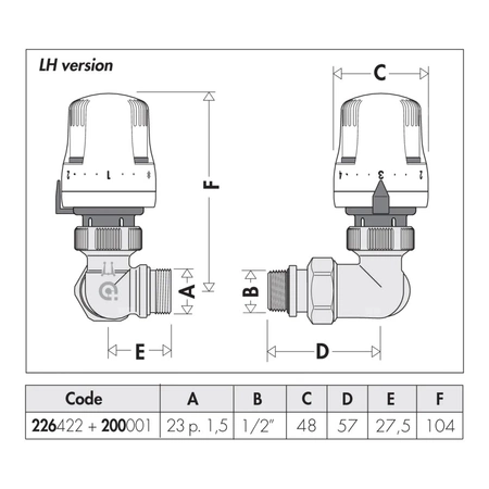 3-osiowy grzejnikowy zawór termostatyczny. Wykonanie lewe 1/2"