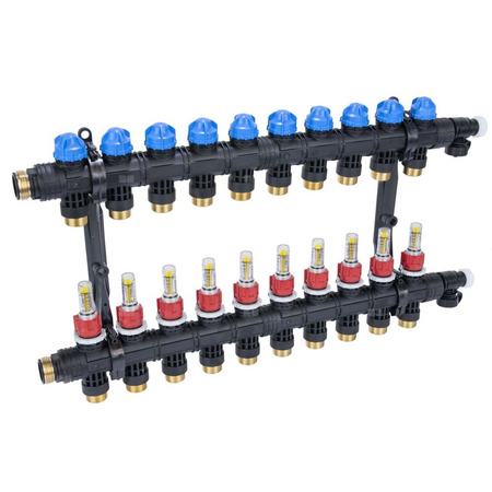 Rozdzielacz do ogrzewania podłogowego AFRISO ProCalida EF1 K 10-obieg. poliamid GZ 1'' x euroconus 3/4'' + przepływomierz + zawór napełn/spust