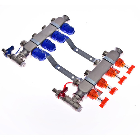 Rozdzielacz do ogrzewania podłogowego QIK Optimo BASIC III - RNZT-2-50 7-obieg. inox GW 1'' x GZ 3/4'' + przepływomierz