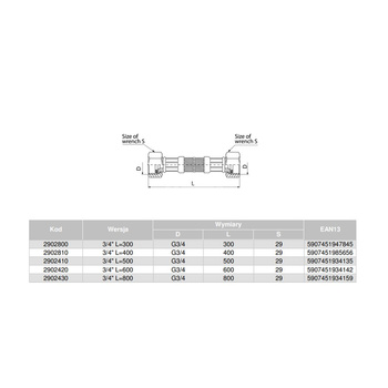 Wąż przyłączeniowy elastyczny VALVEX Viper Plus z oplotem (stal nierdzewna), GW x GW, 3/4'' x 3/4'', długość 600 mm