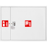 Hydrant DN 33 zawieszany z miejscem na gaśnicę obok zwijadła, wąż 20 m, ocynk fasada, zamek patent, RAL 9003