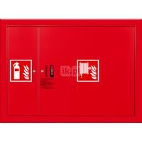 Hydrant DN 52 wnękowy z miejscem na gaśnicę obok zwijadła, wąż 20 m, zamek patent, RAL 3000