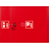 Hydrant DN 33 zawieszany z miejscem na gaśnicę obok zwijadła, wąż 20 m, ocynk fasada, zamek patent, RAL 3000