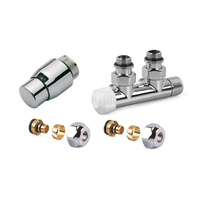 Zestaw CHROM do grzejników dolnozasilanych: głowica Thera-200 (chrom/chrom) T4221, zawór podwójny, kątowy lewy, V2882LSL15A + 2x złączka do rur wielowarstwowych FEM24M16X2