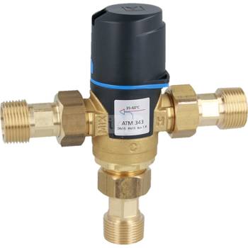 Zawór regulacyjny termostatyczny do wody ciepłej AFRISO ATM 343 ze śrubunkami mosiądz GZ 3/4'', DN 15, zakres temp. 35...60'C, Kvs 1.6m3/h, max. 90'C, max. 10bar